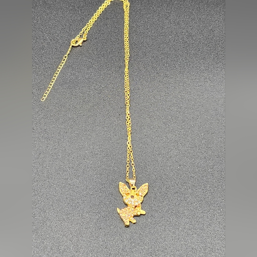 🩷 3/$15 Golden Chihuahua Pendant Necklace w/Brown Crystals & Bow Tie N… - Picture 3 of 3